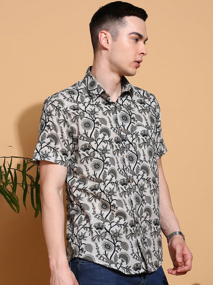 Men's Slim Fit Grey Cotton Shirt with Elegant Floral Print