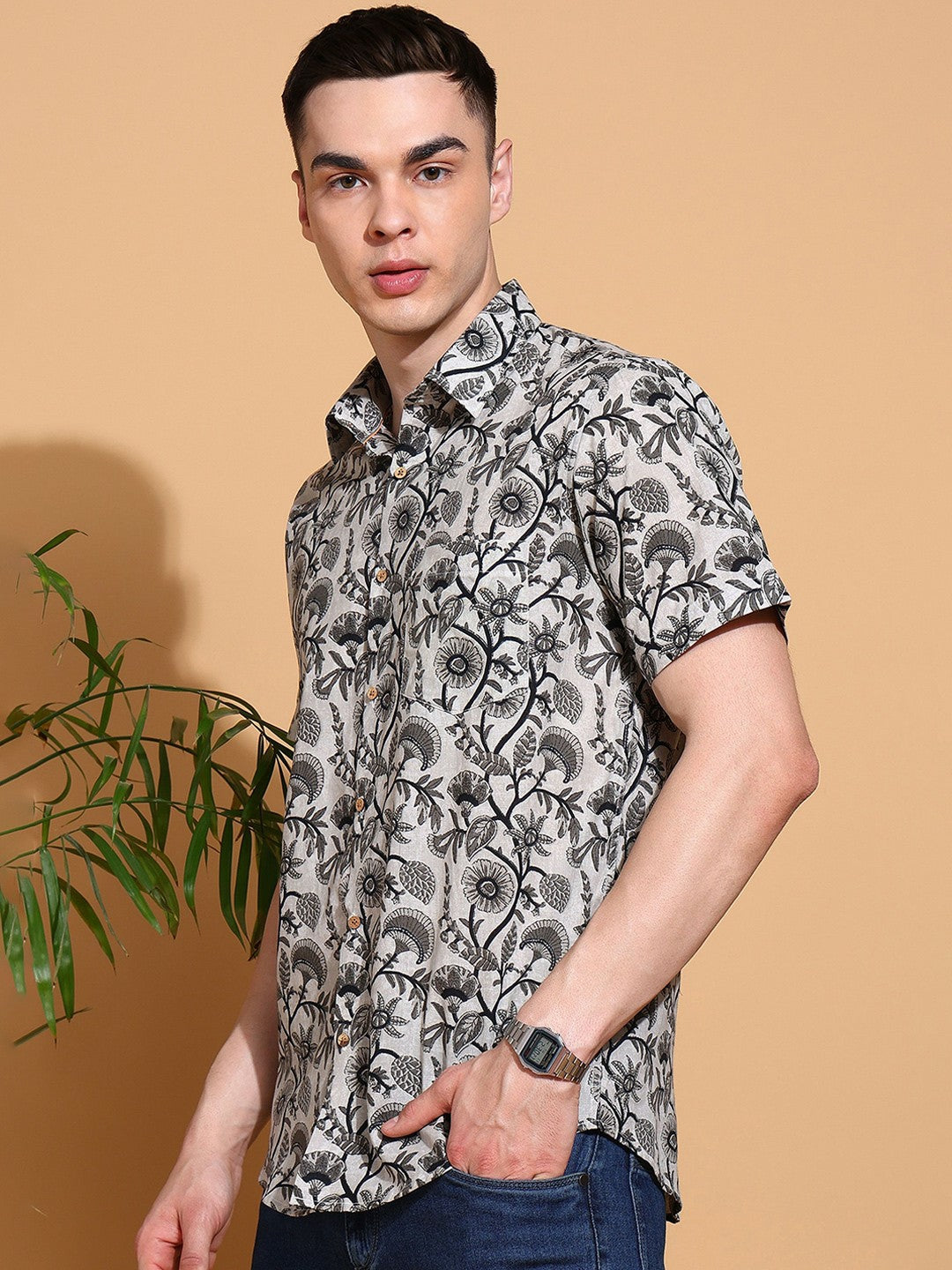Men's Slim Fit Grey Cotton Shirt with Elegant Floral Print