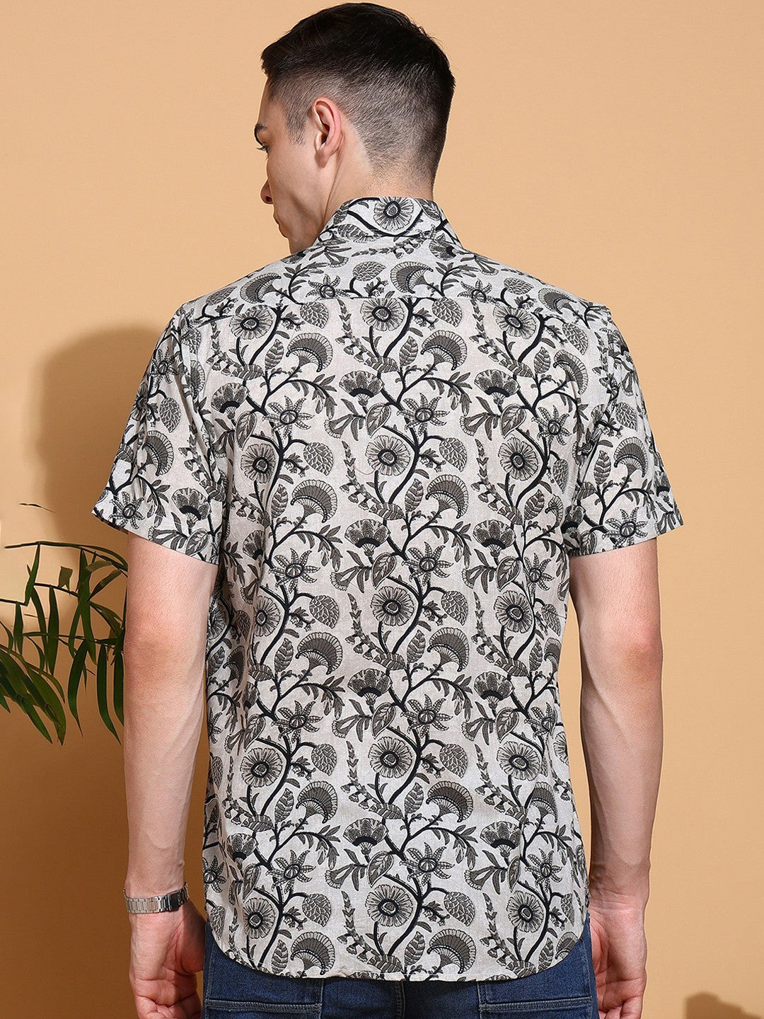 Men's Slim Fit Grey Cotton Shirt with Elegant Floral Print