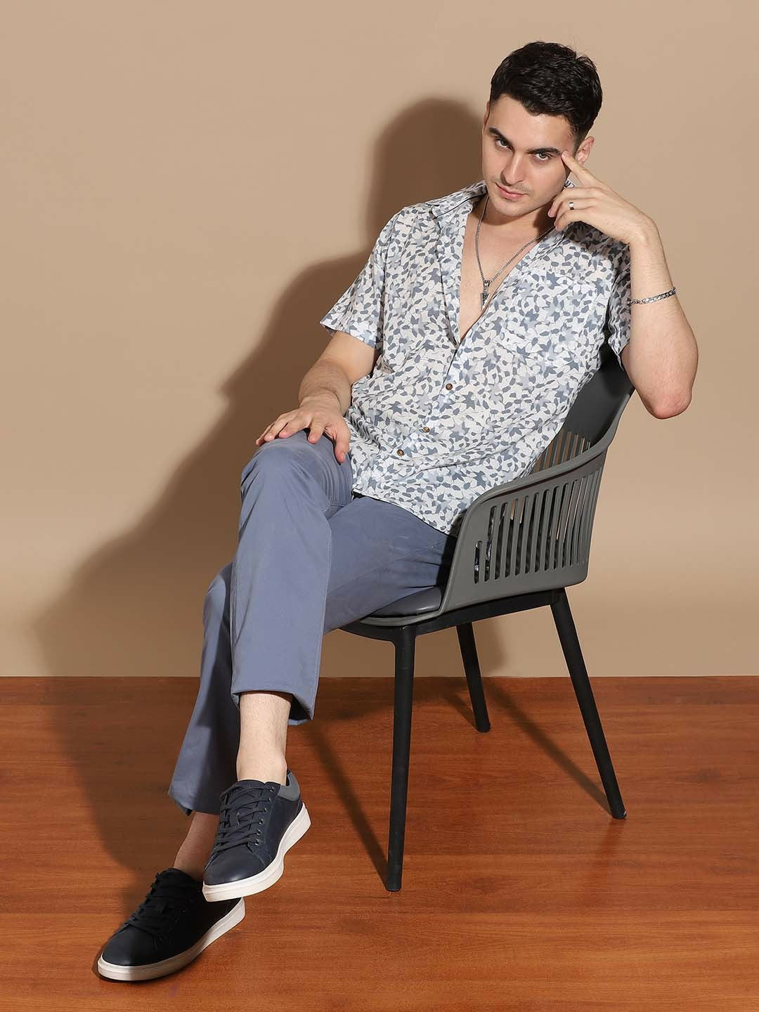 Men’s Grey Floral Cotton Shirt – Timeless Elegance with a Fresh Twist