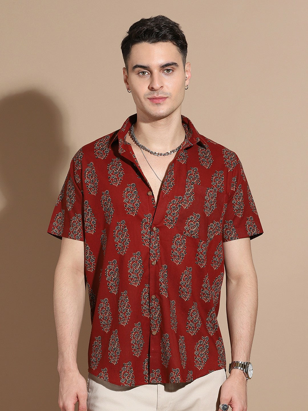 Men's Maroon Cotton Casual Shirt with Floral Print & Pocket Detail