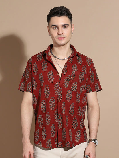 Men's Maroon Cotton Casual Shirt with Floral Print & Pocket Detail