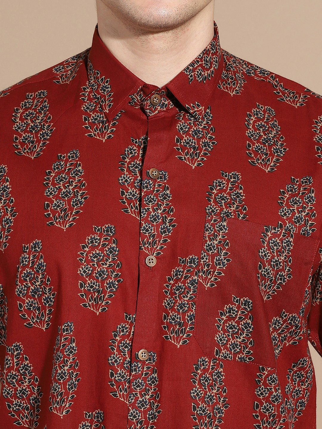 Men's Maroon Cotton Casual Shirt with Floral Print & Pocket Detail