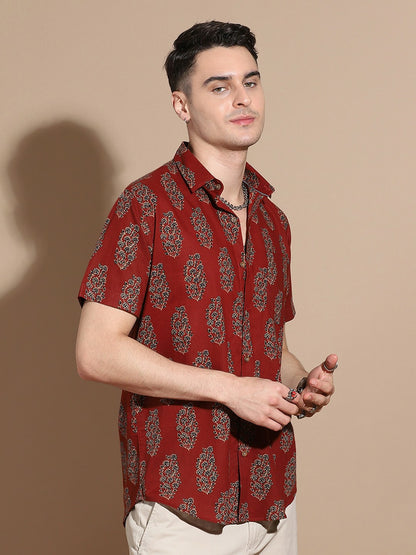 Men's Maroon Cotton Casual Shirt with Floral Print & Pocket Detail