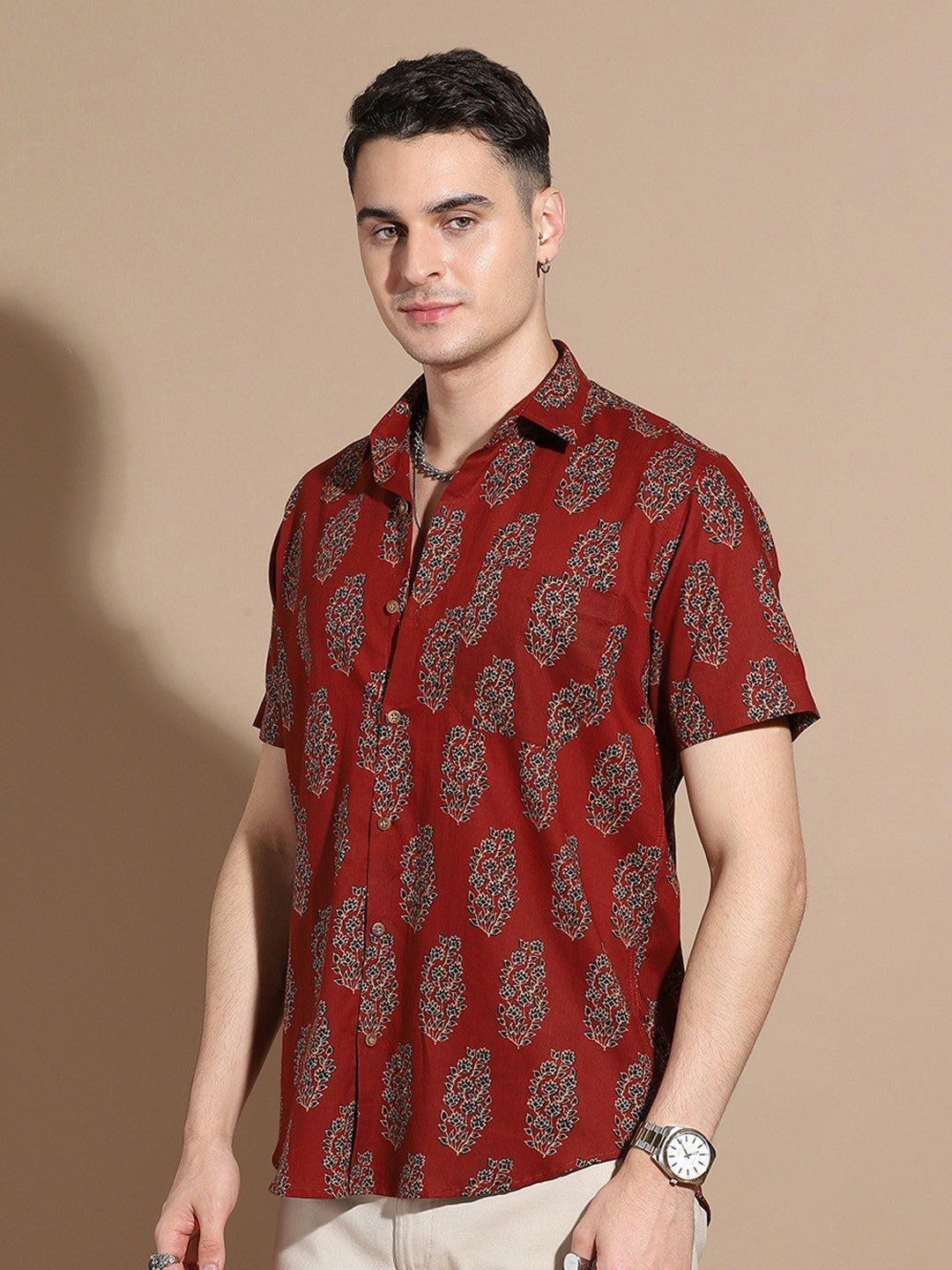 Men's Maroon Cotton Casual Shirt with Floral Print & Pocket Detail