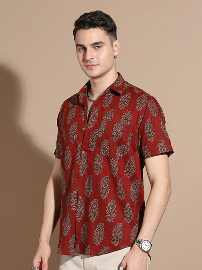 Men's Maroon Cotton Casual Shirt with Floral Print & Pocket Detail