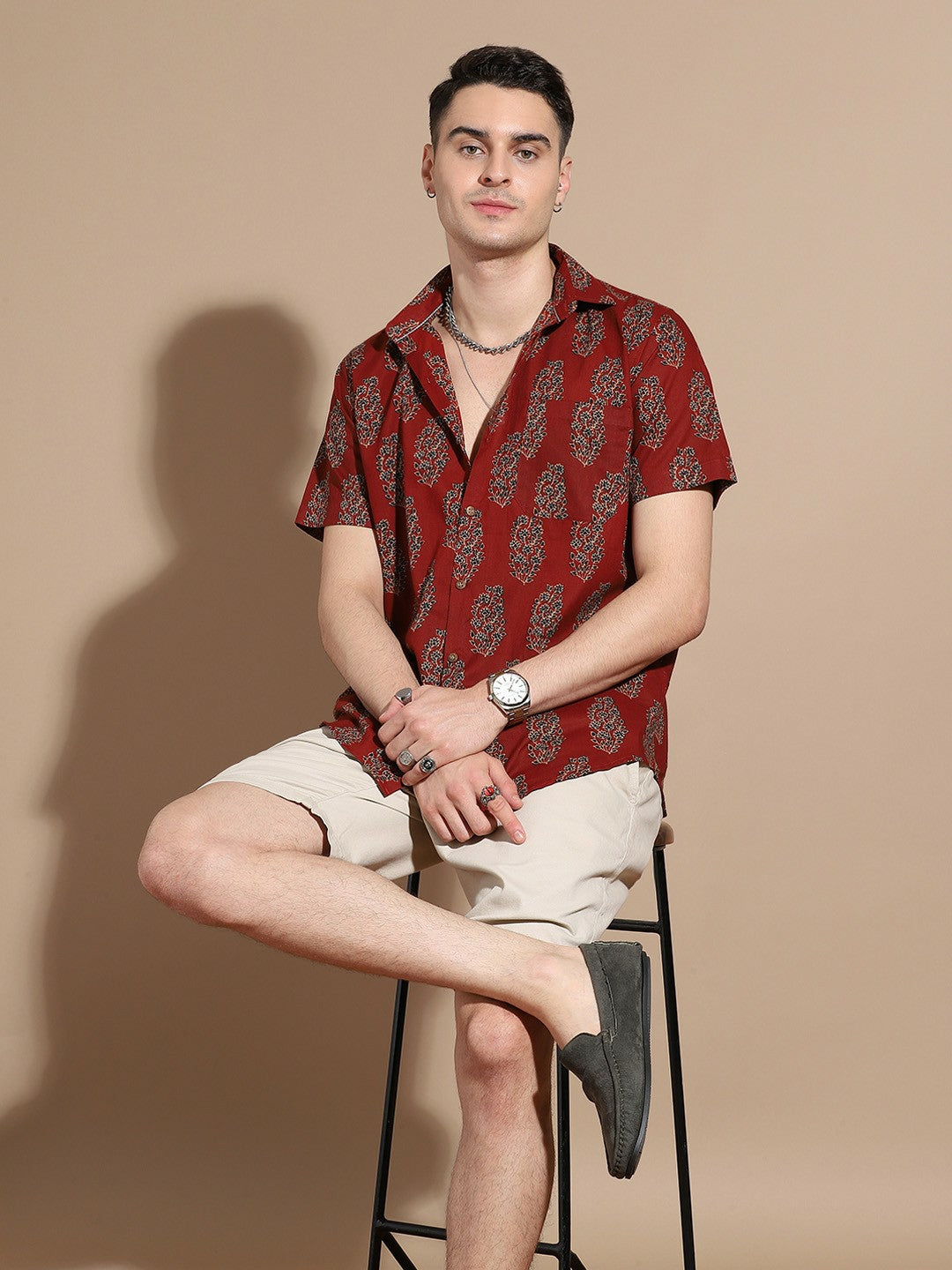 Men's Maroon Cotton Casual Shirt with Floral Print & Pocket Detail