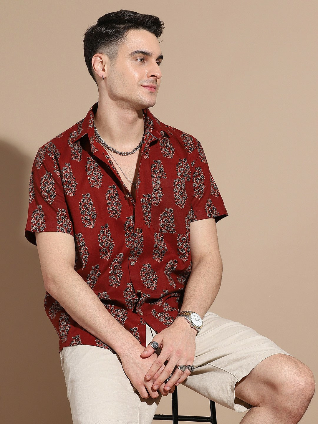 Men's Maroon Cotton Casual Shirt with Floral Print & Pocket Detail