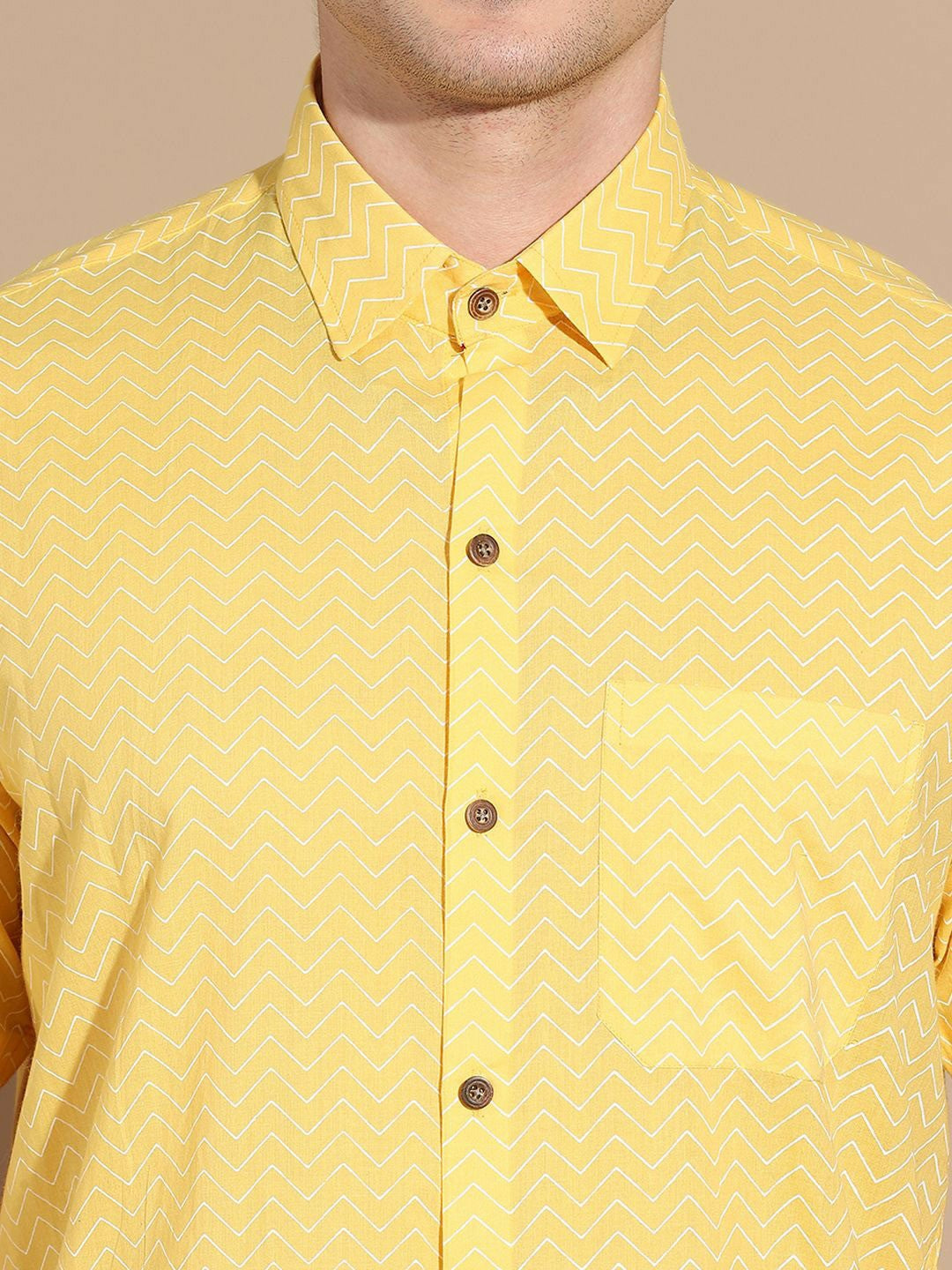 Men's Yellow Cotton Shirt with Chevron Print & Cutaway Collar