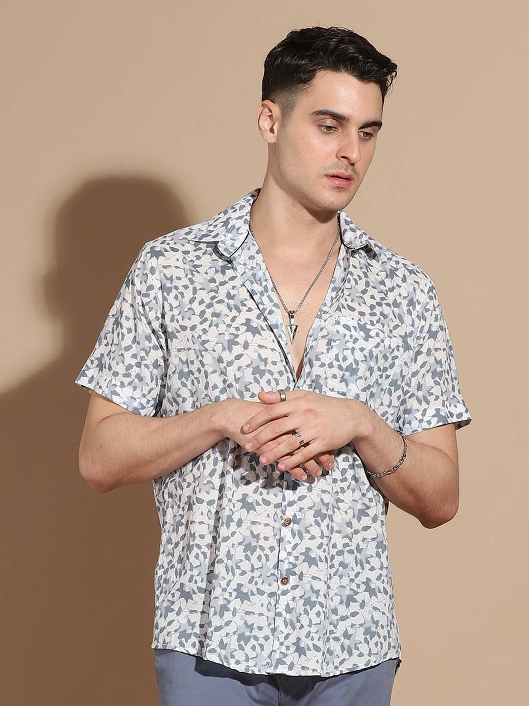 Men’s Grey Floral Cotton Shirt – Timeless Elegance with a Fresh Twist
