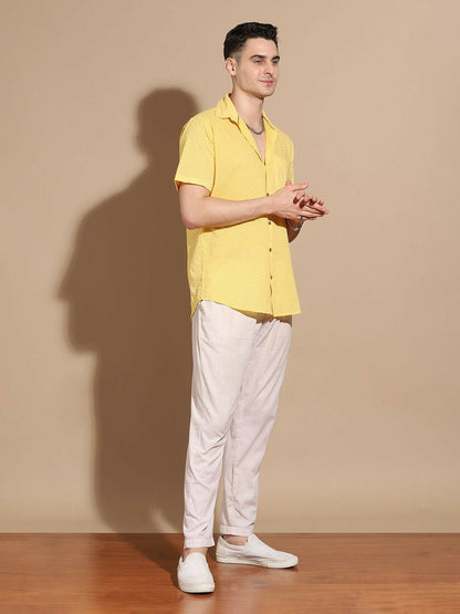 Men's Yellow Cotton Shirt with Chevron Print & Cutaway Collar