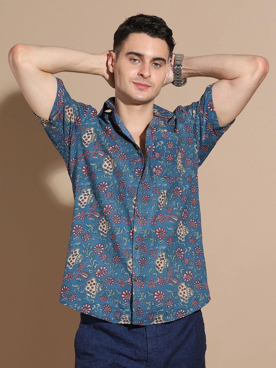 Men's Navy Blue Cotton Shirt with Floral Design & Patch Pocket