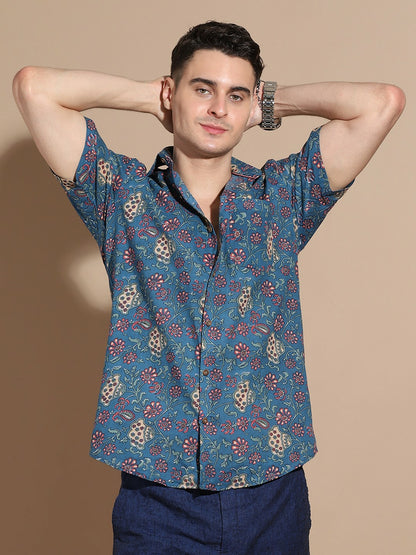 Men's Navy Blue Cotton Shirt with Floral Design & Patch Pocket