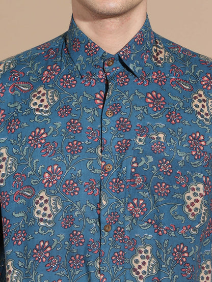 Men's Navy Blue Cotton Shirt with Floral Design & Patch Pocket
