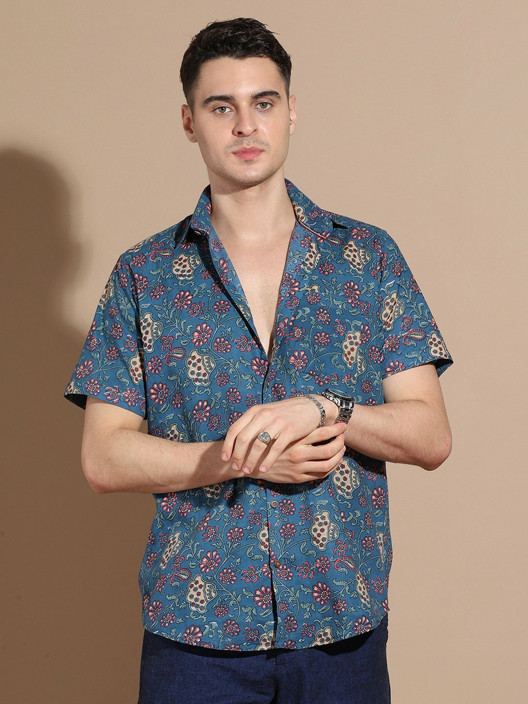 Men's Navy Blue Cotton Shirt with Floral Design & Patch Pocket