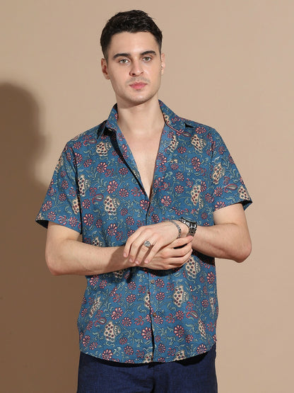 Men's Navy Blue Cotton Shirt with Floral Design & Patch Pocket