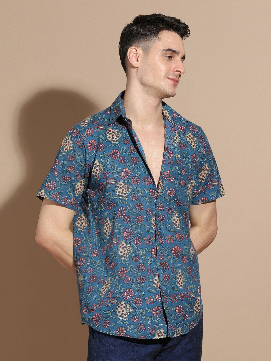 Men's Navy Blue Cotton Shirt with Floral Design & Patch Pocket