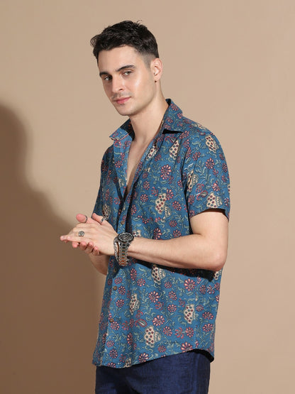 Men's Navy Blue Cotton Shirt with Floral Design & Patch Pocket