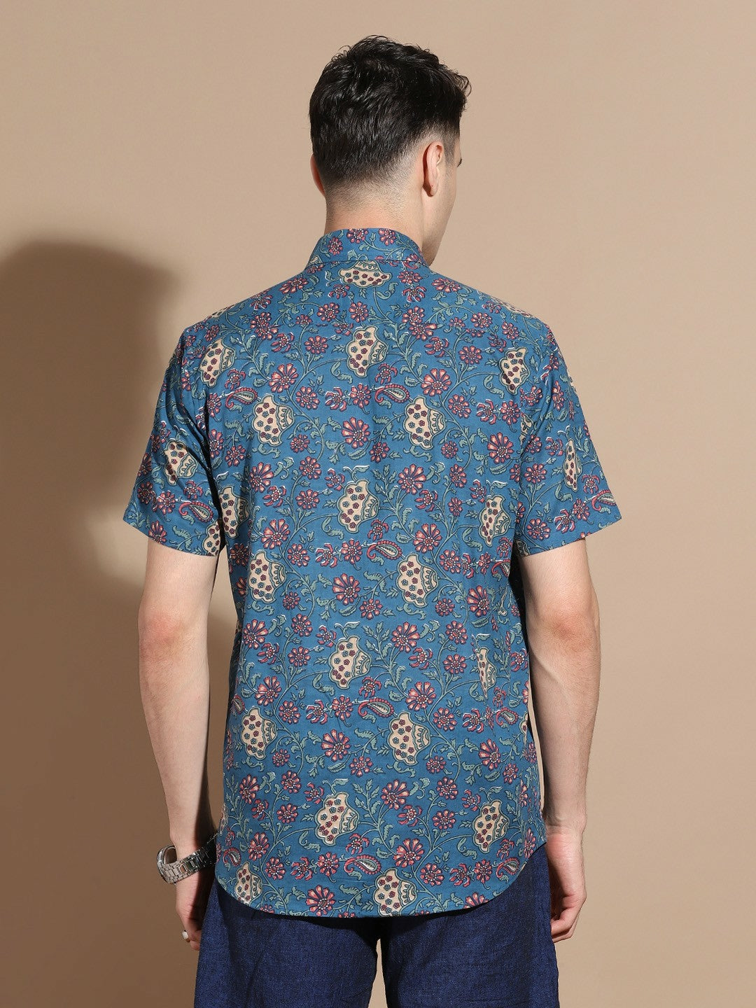 Men's Navy Blue Cotton Shirt with Floral Design & Patch Pocket