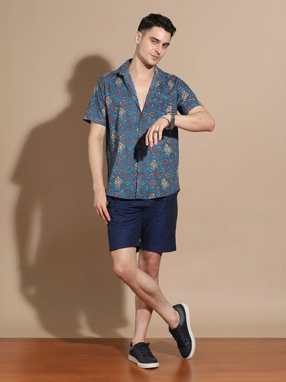 Men's Navy Blue Cotton Shirt with Floral Design & Patch Pocket