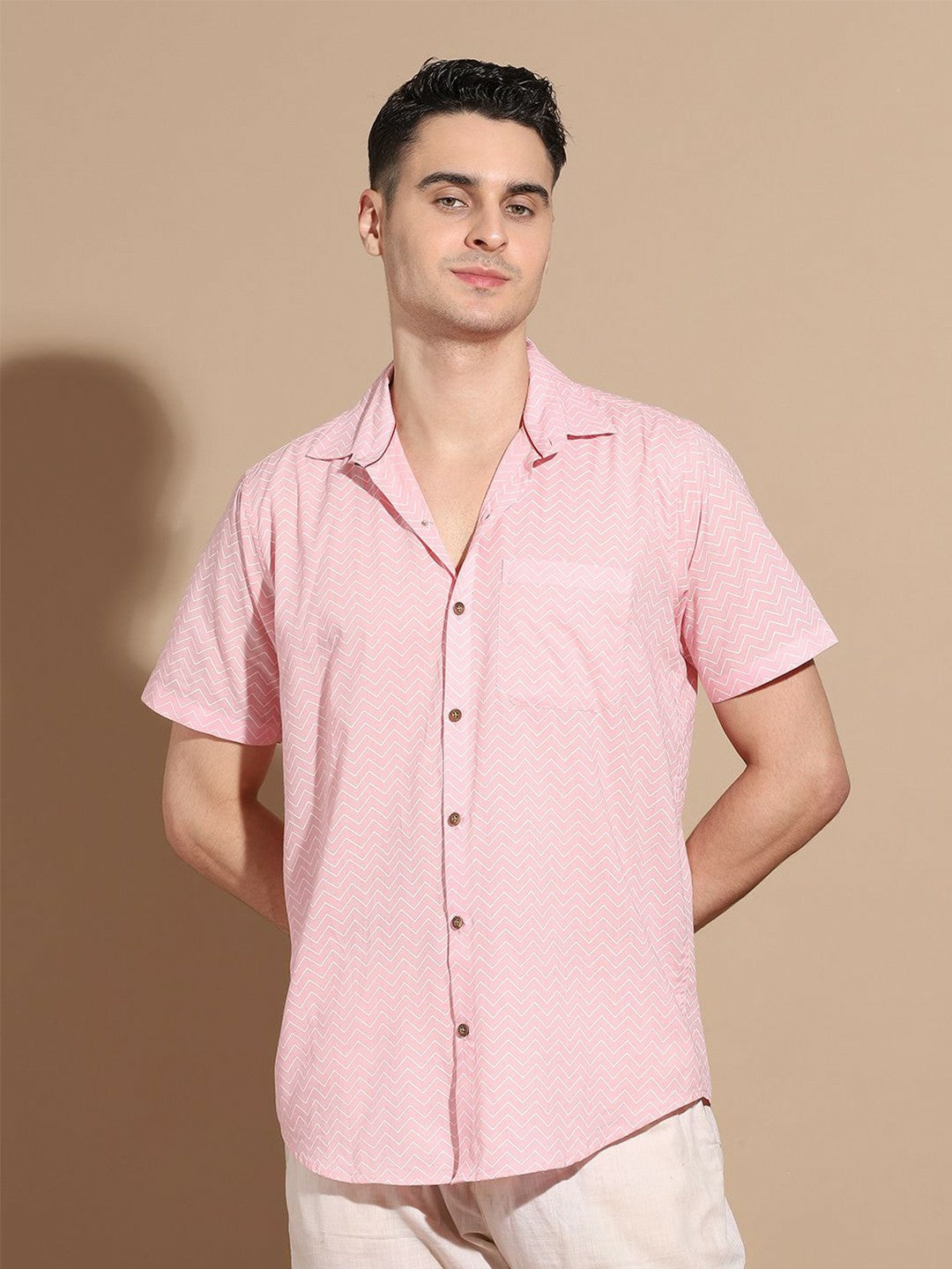 Men's Pink Chevron Print Cotton Shirt with Cutaway Collar