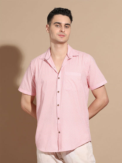Men's Pink Chevron Print Cotton Shirt with Cutaway Collar