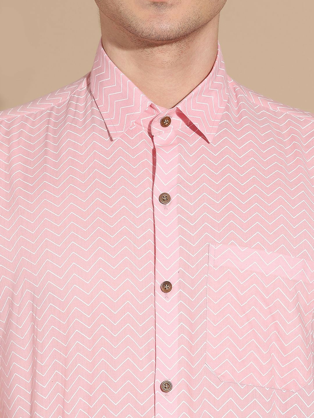 Men's Pink Chevron Print Cotton Shirt with Cutaway Collar
