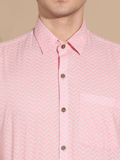 Men's Pink Chevron Print Cotton Shirt with Cutaway Collar