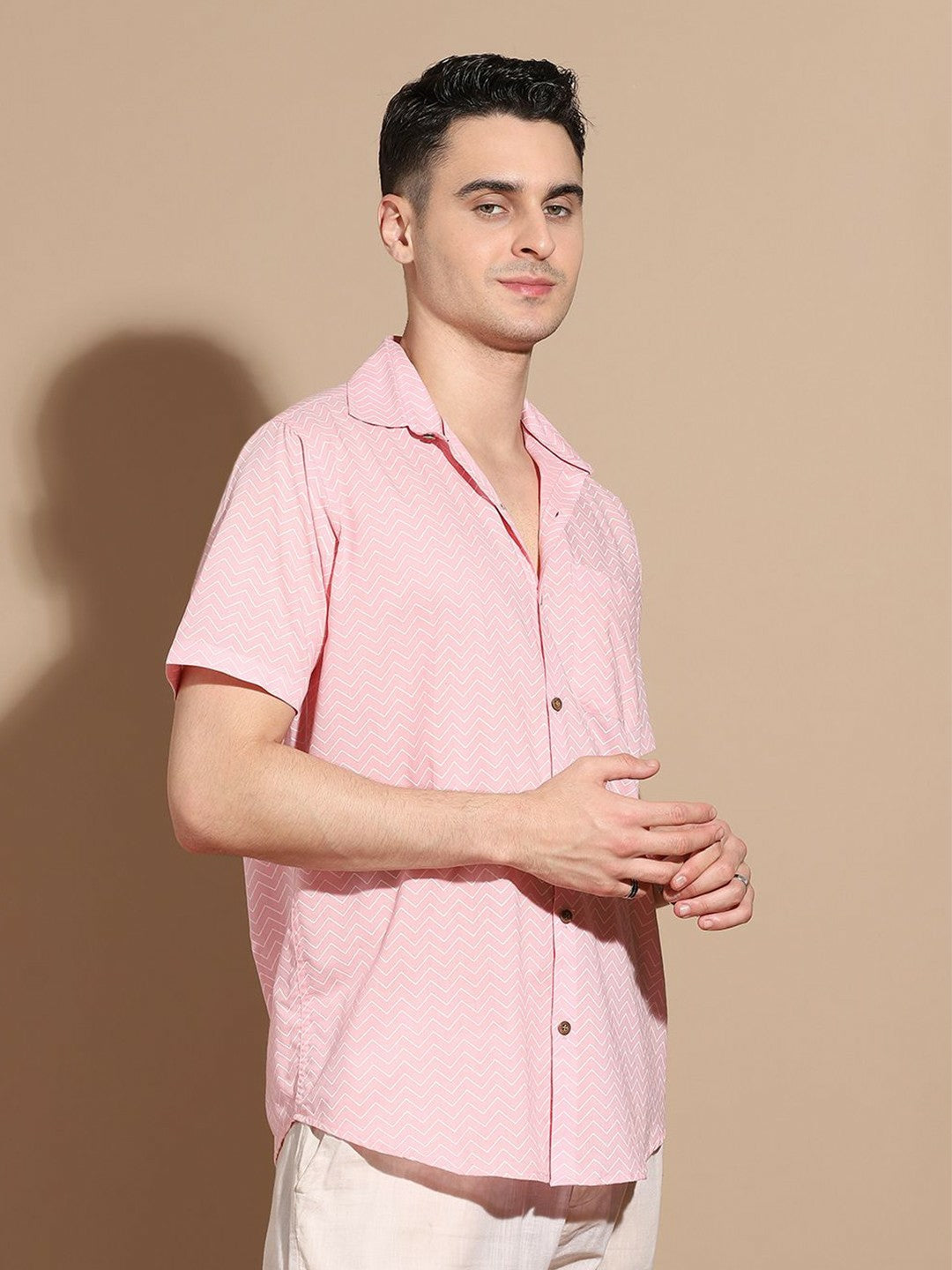 Men's Pink Chevron Print Cotton Shirt with Cutaway Collar