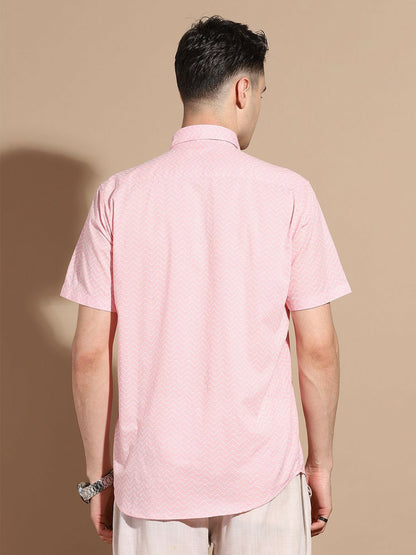 Men's Pink Chevron Print Cotton Shirt with Cutaway Collar