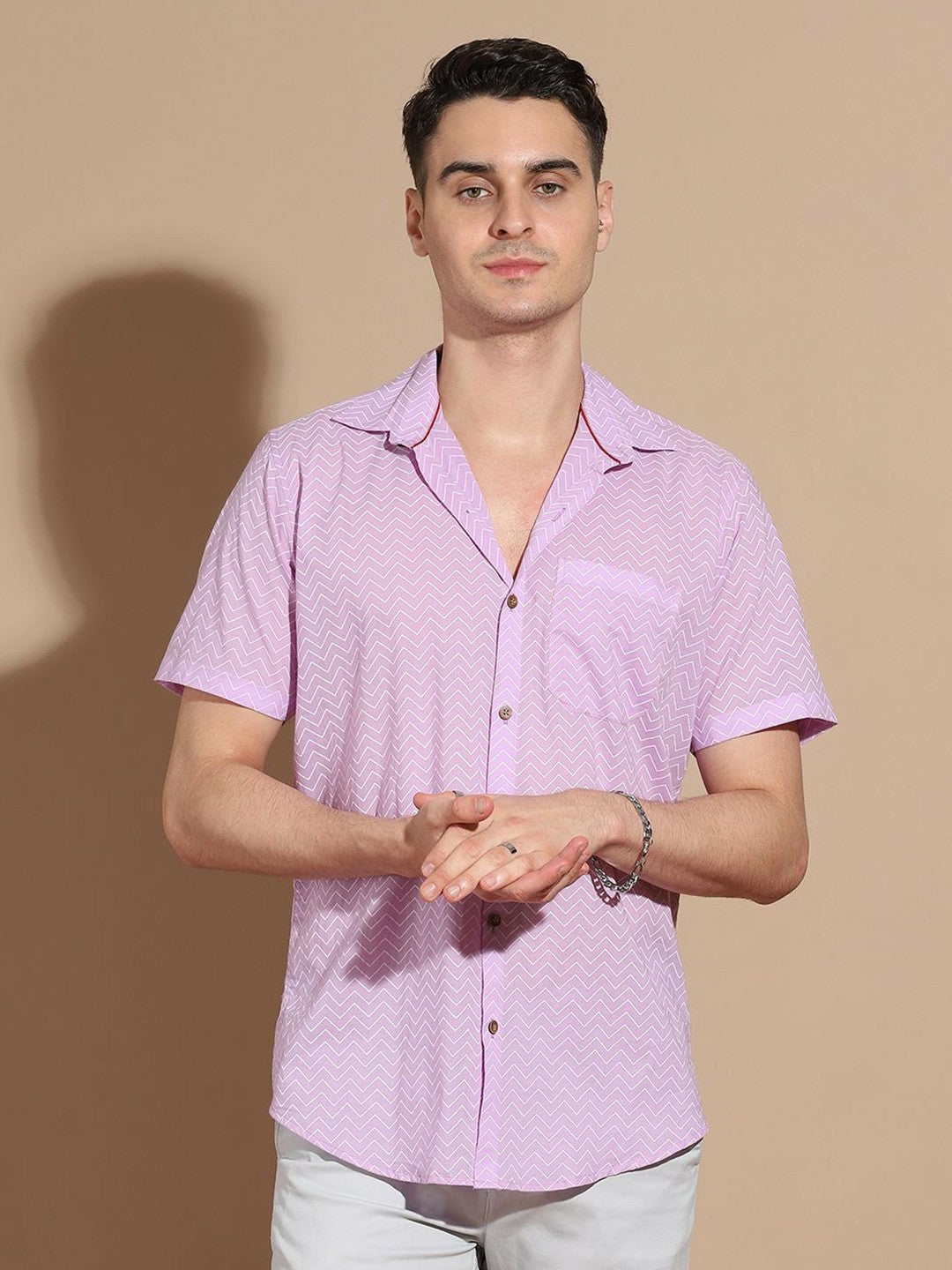 Men's Purple Cotton Shirt with Chevron Pattern & Cutaway Collar