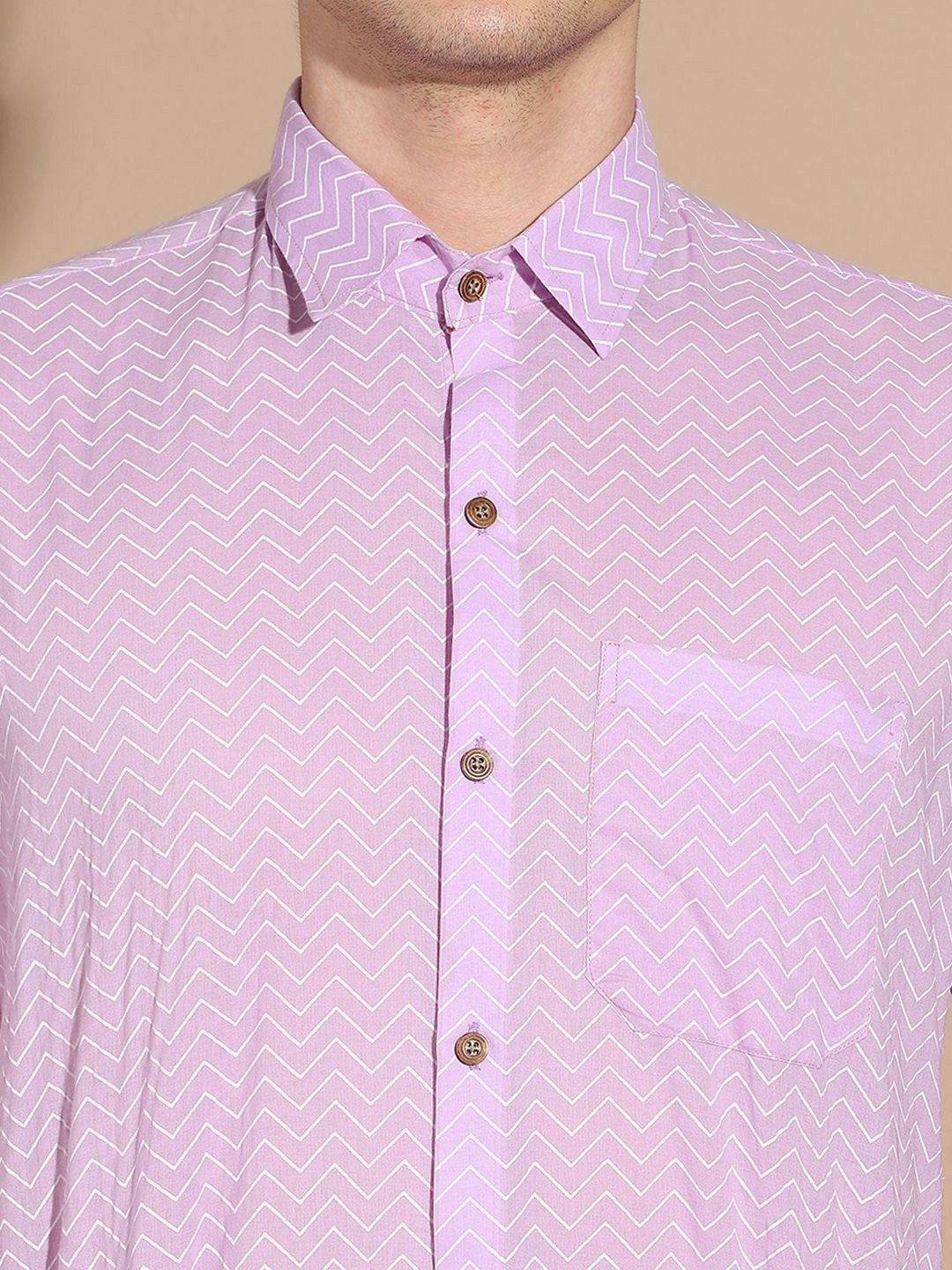 Men's Purple Cotton Shirt with Chevron Pattern & Cutaway Collar