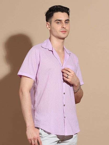 Men's Purple Cotton Shirt with Chevron Pattern & Cutaway Collar