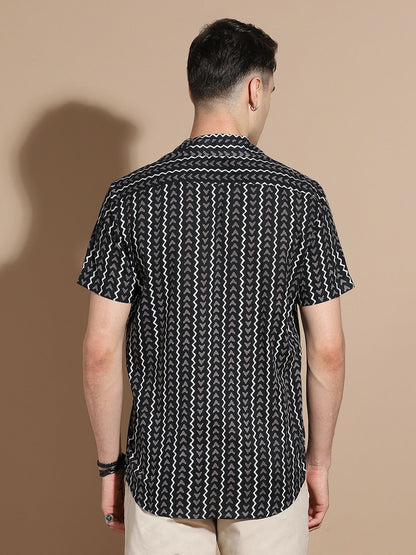 Men’s Black Floral Cotton Shirt – Sophisticated Edge, Floral Flair