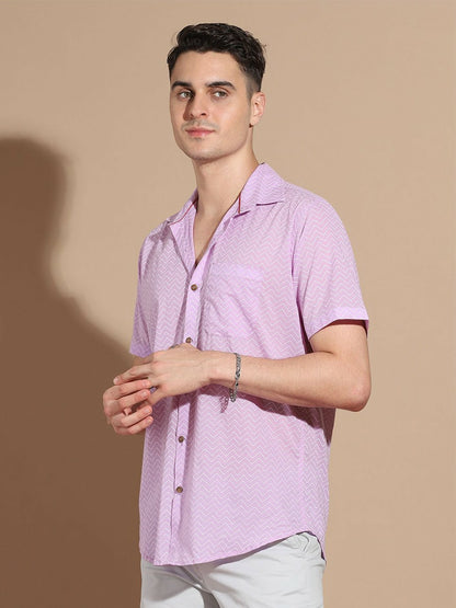 Men's Purple Cotton Shirt with Chevron Pattern & Cutaway Collar