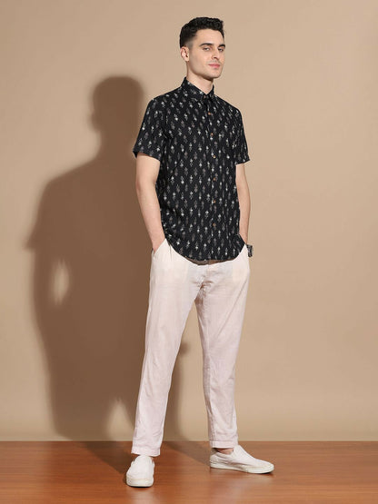 Men's Black Conversational Print Cotton Shirt with Cutaway Collar