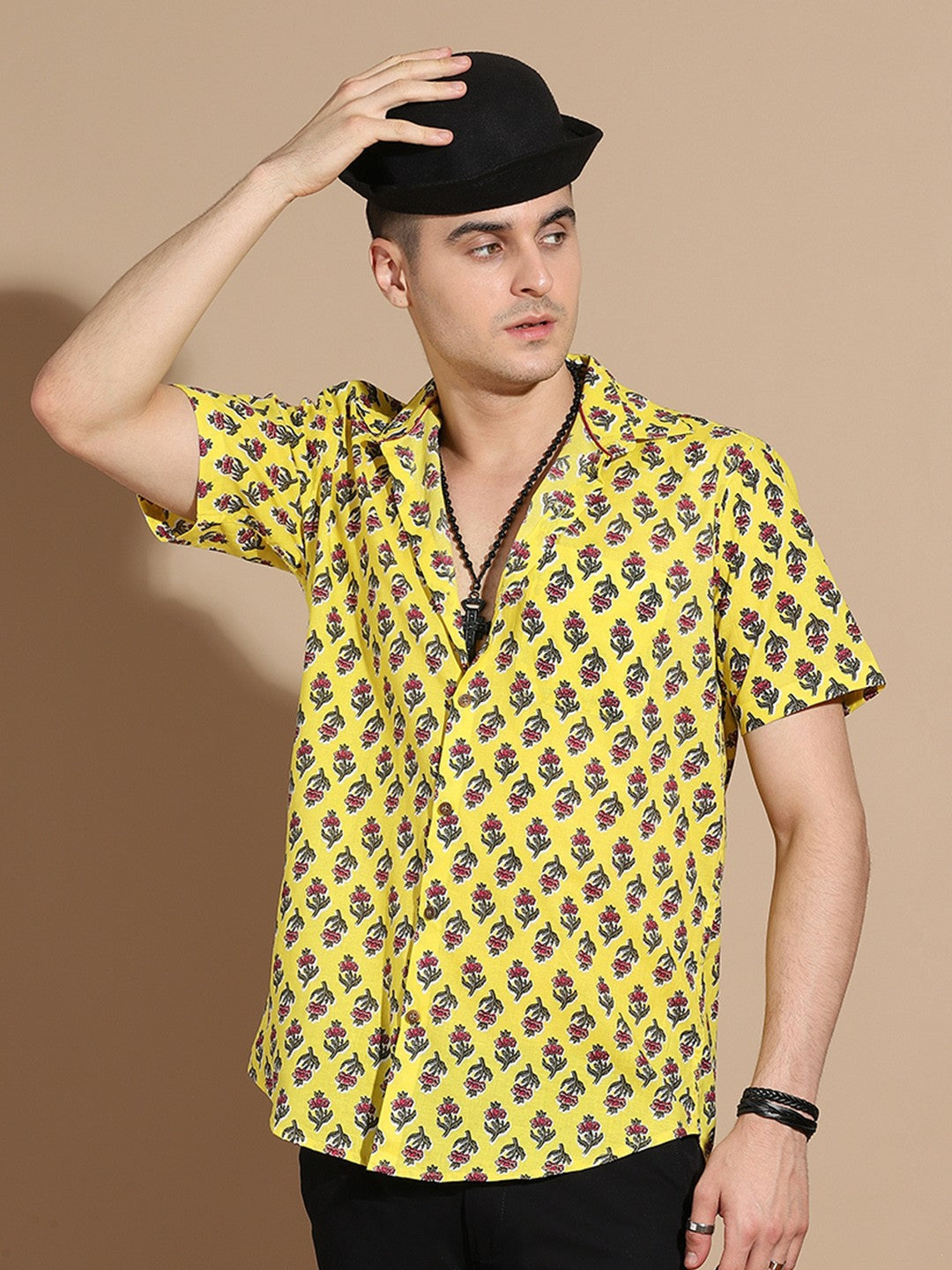 Men's Yellow Floral Print Cotton Shirt with Spread Collar