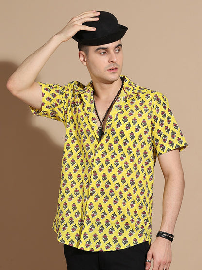 Men's Yellow Floral Print Cotton Shirt with Spread Collar