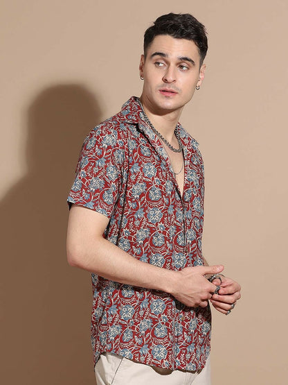 Men’s Maroon Floral Cotton Shirt – Bold Prints, Everyday Comfort