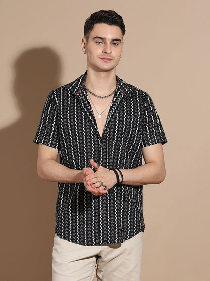 Men’s Black Floral Cotton Shirt – Sophisticated Edge, Floral Flair