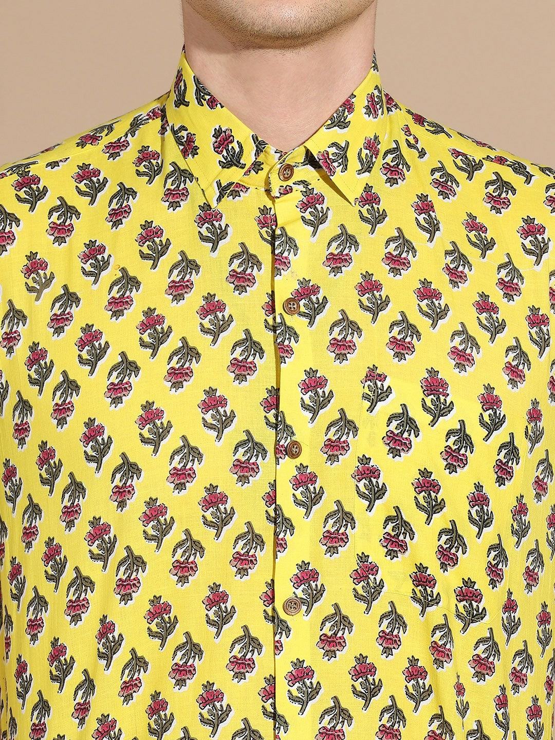 Men's Yellow Floral Print Cotton Shirt with Spread Collar
