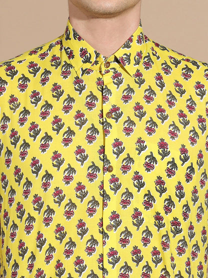 Men's Yellow Floral Print Cotton Shirt with Spread Collar
