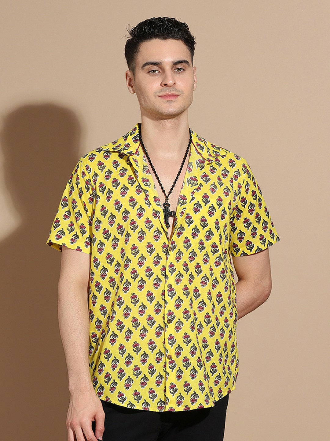 Men's Yellow Floral Print Cotton Shirt with Spread Collar