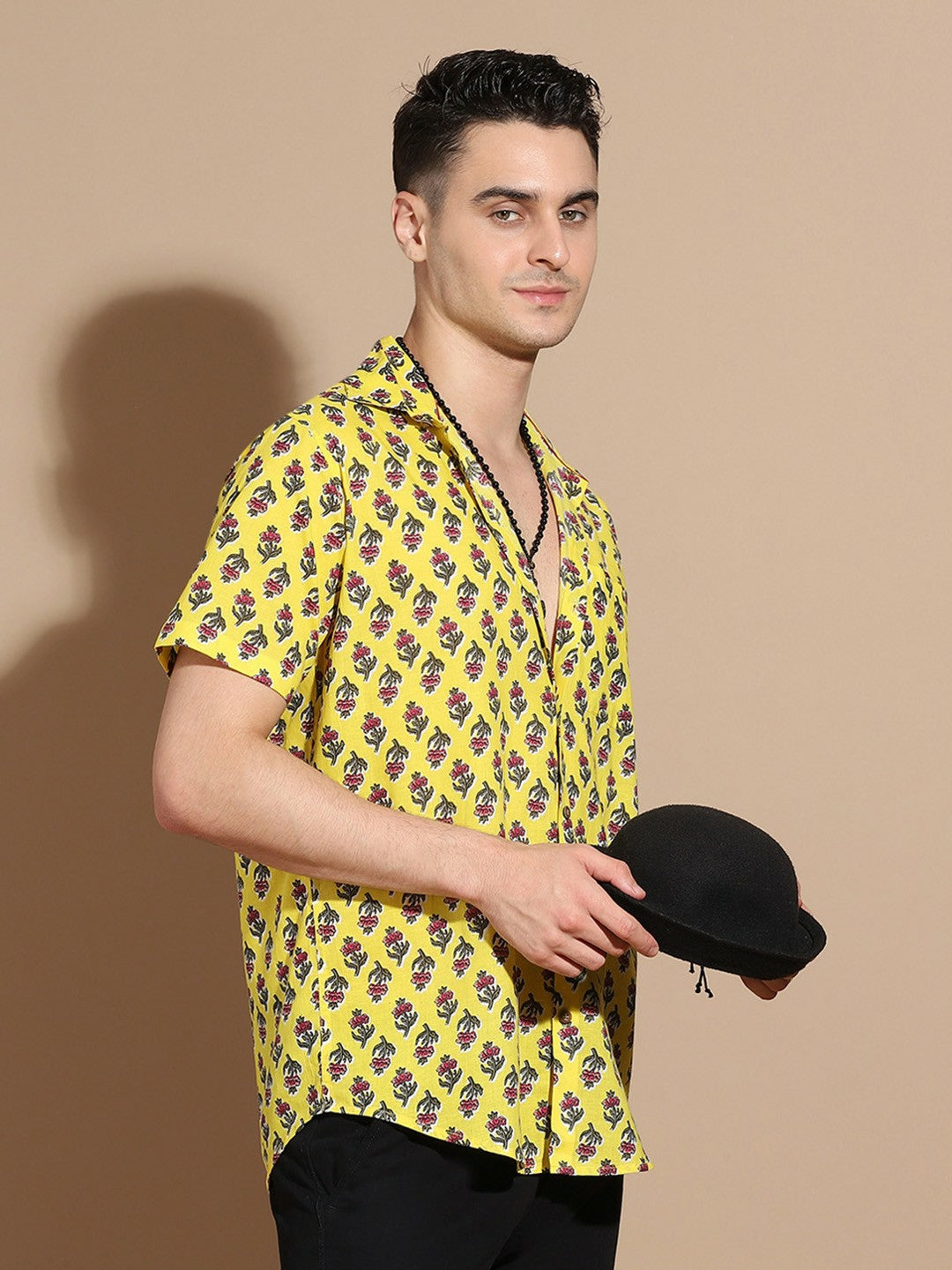Men's Yellow Floral Print Cotton Shirt with Spread Collar