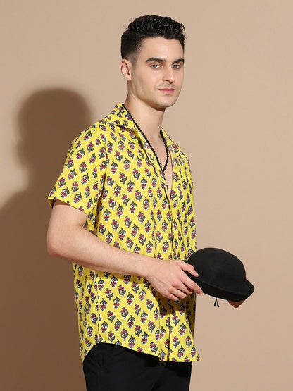 Men's Yellow Floral Print Cotton Shirt with Spread Collar