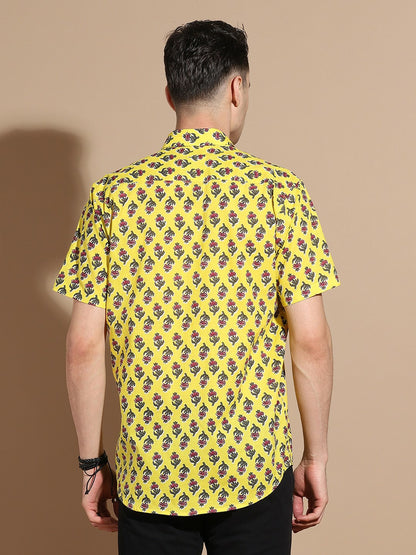 Men's Yellow Floral Print Cotton Shirt with Spread Collar