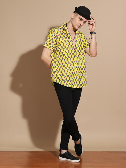 Men's Yellow Floral Print Cotton Shirt with Spread Collar
