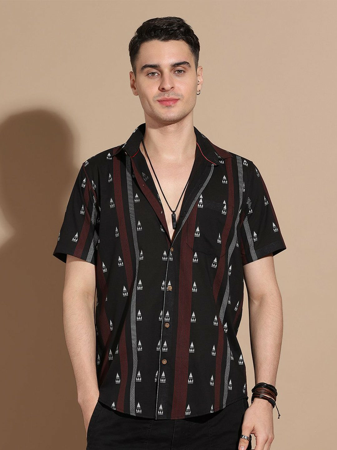 Men's Black Vertical Stripe Cotton Shirt with Spread Collar