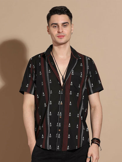 Men's Black Vertical Stripe Cotton Shirt with Spread Collar
