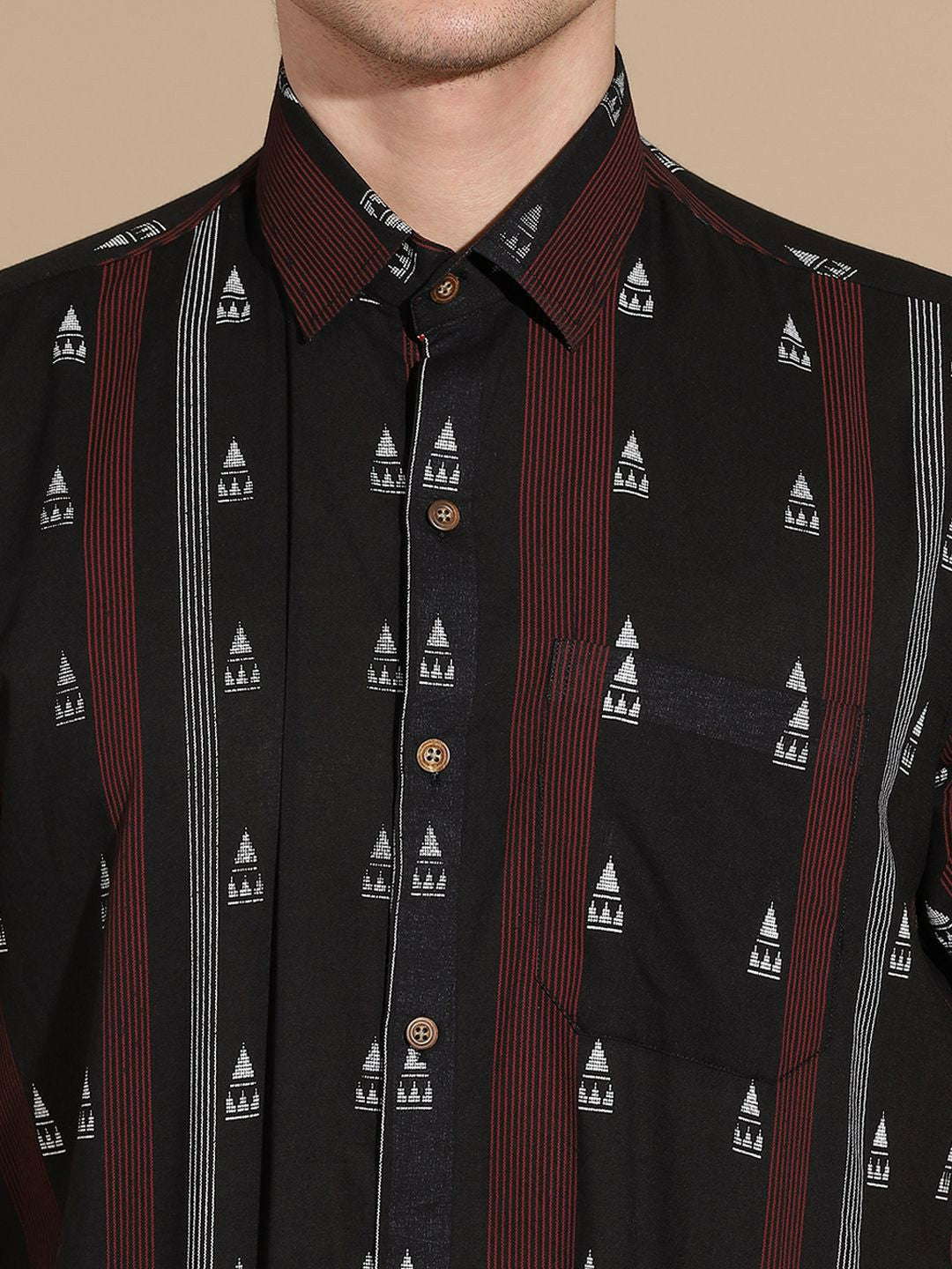 Men's Black Vertical Stripe Cotton Shirt with Spread Collar